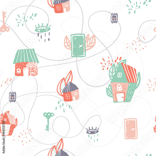 Scandinavian style christmas pattern with houses  plants and doors for home textile design. Vector modern creative concept.