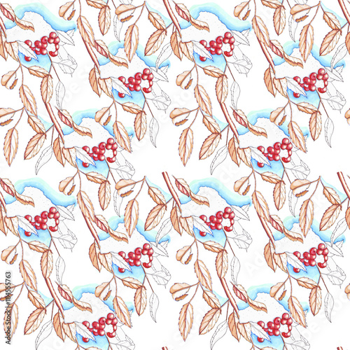 Raster bright seamless pattern with branch of rowan in snow.
