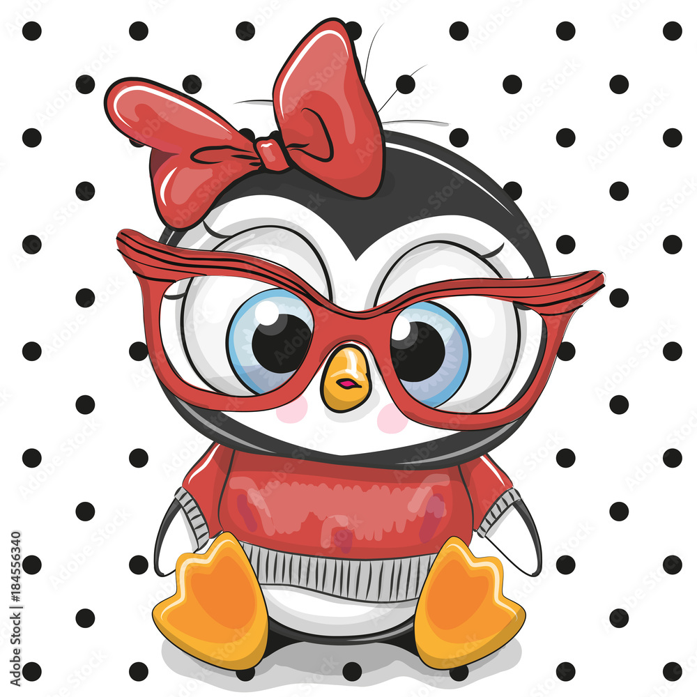 Obraz premium Słodki pingwin kreskówka z czerwonymi okularami