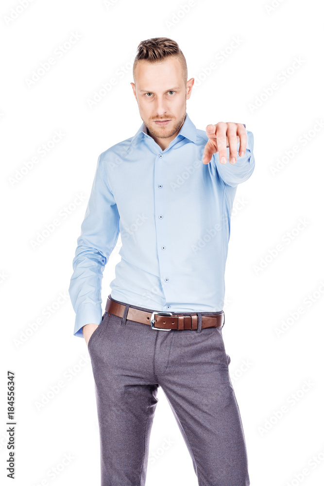 businessman  looking and pointing finger  gesture . happiness, gesture, emotions and people concept. Image on white  studio background.