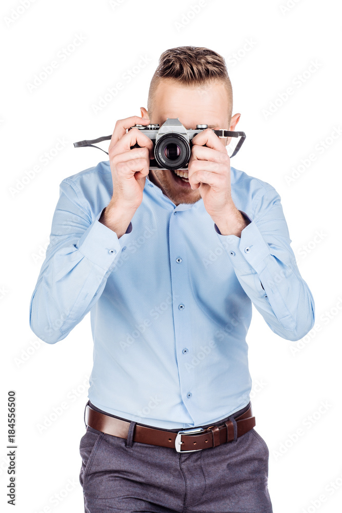 photographer with old retro film camera. isolated on white background photographer with old retro film camera. isolated on white background