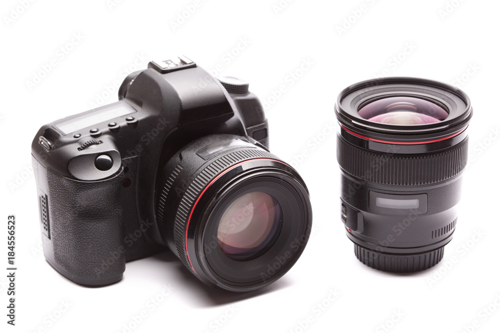 Fototapeta premium close up a mirror camera with lens on a white background