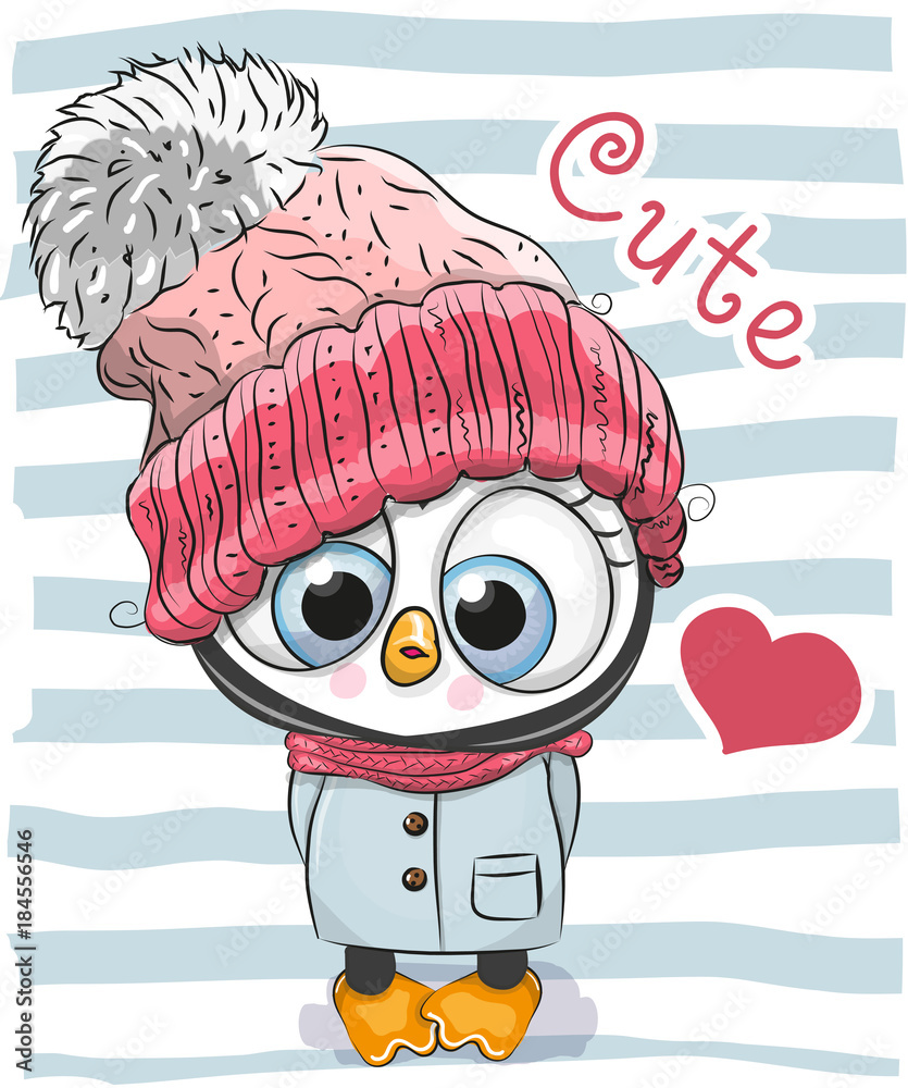 Obraz premium Cute Cartoon Penguin girl in a hat
