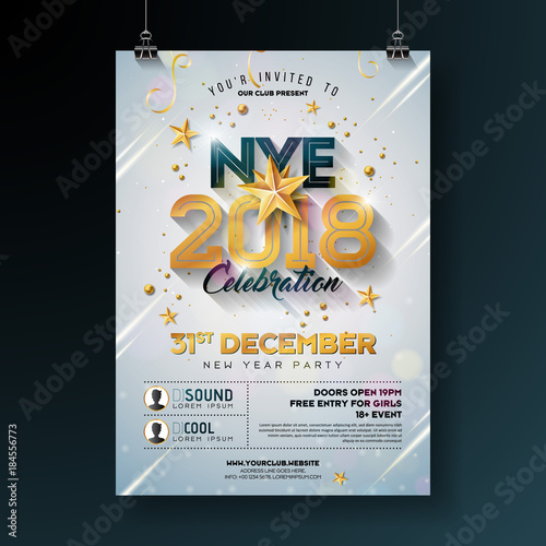 2018 New Year Party Celebration Poster Template Illustration with Shiny Gold Number on White Background. Vector Holiday Premium Invitation Flyer or Promo Banner.