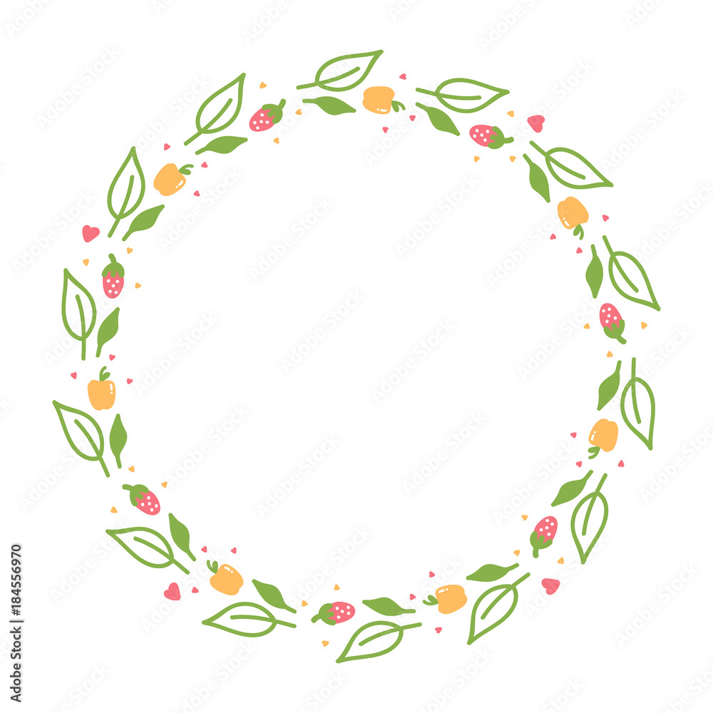 Spring, summer cute colorful round frame with leaves and fruits isolated on white background.
