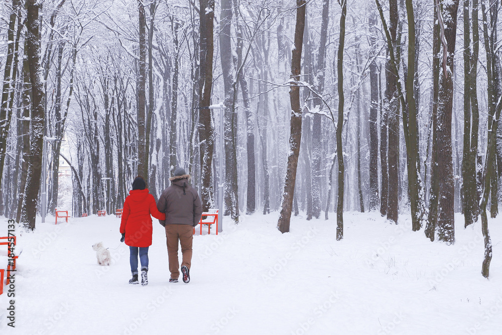 Couple walking with a dog in a snowy park