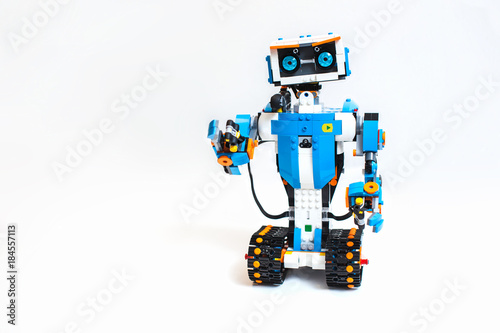 Robot made of plastic parts from the Boost series, programmed on the computer, robotics.