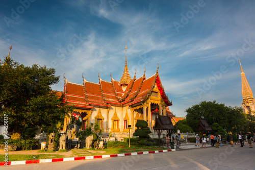 Wat Chalong or Chalong temple the most popular tourist attractions in phuket thailand with sun light .