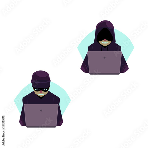 vector flat cartoon unidentified bandit hackers in black pullover, hat, mask and hood with laptop trying to hack private data, security sistem. Isolated illustration on a white background.