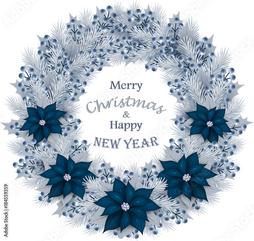 Christmas wreath with fir branches, blueberries and flowers