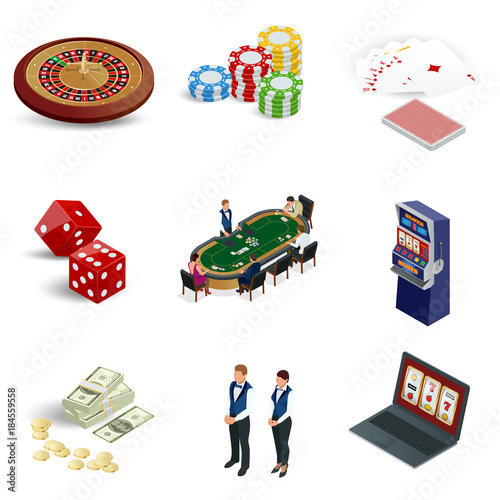 Isometric casino icons set. Laptop with roulette, slot machine, dice, casino chips and playing cards isolated on background. Vector illustration