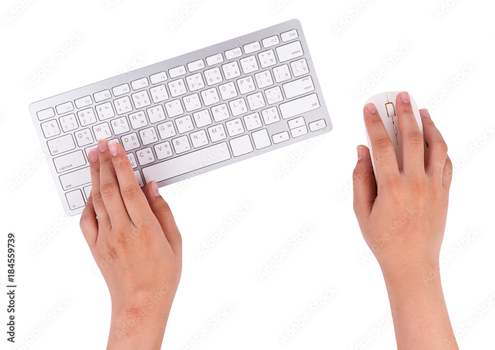 Woman working at home office hand on keyboard on white background Woman working at home office hand on keyboard on white background