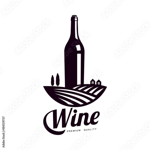 bottle of wine on background of field of vineyard with trees. Elegant Company logo, brand icon design. Isolated illustration on a white background.