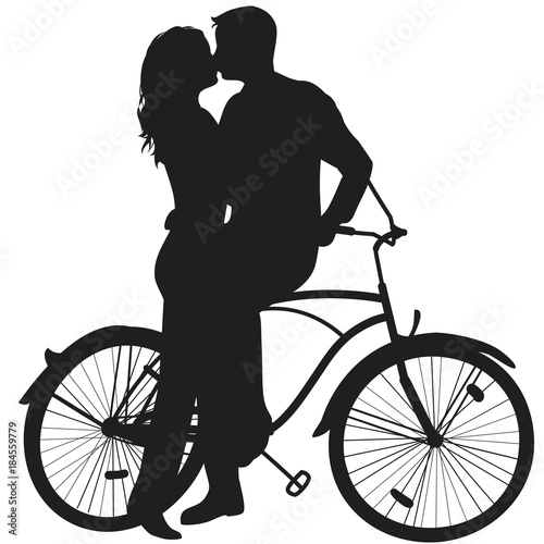 silhouette of a guy and girls who are kissing on a bicycle, vector illustration, isolated object