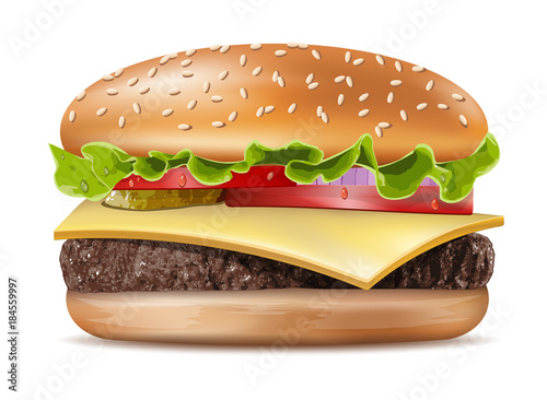 Vector Realistic Hamburger Classic Burger American Cheeseburger with Lettuce Tomato Onion Cheese Beef and Sauce Close up isolated on white Background. Fast Food