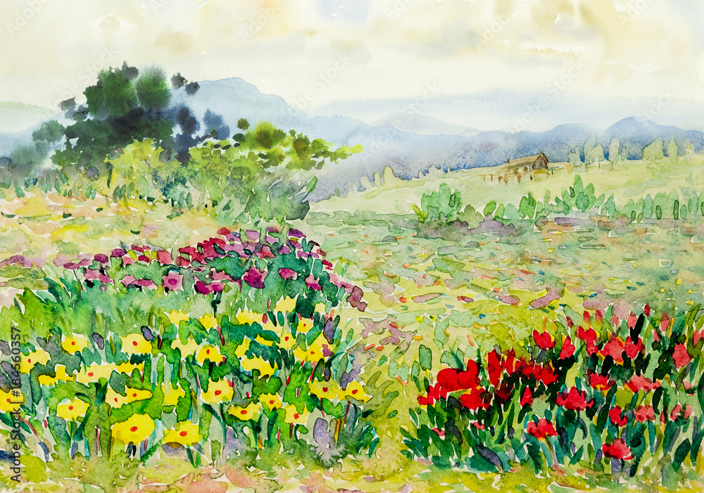 Obraz Krajobraz kolorowy obraz akwarela kwiaty, domek na łące