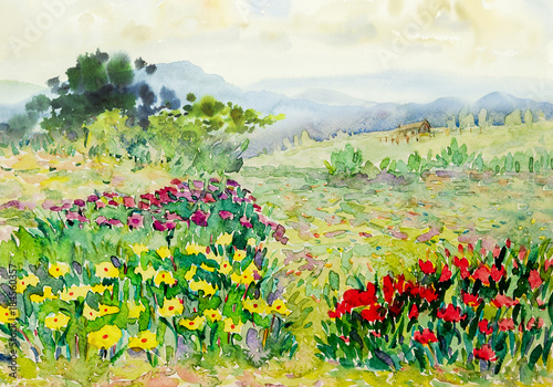 Obraz na płótnie Krajobraz kolorowy obraz akwarela kwiaty, domek na łące