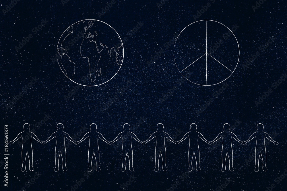 Naklejka premium line of people holding hands and world with peace symbol above them