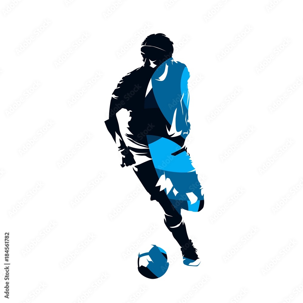 Fototapeta premium Soccer player running with ball, abstract blue vector silhouette