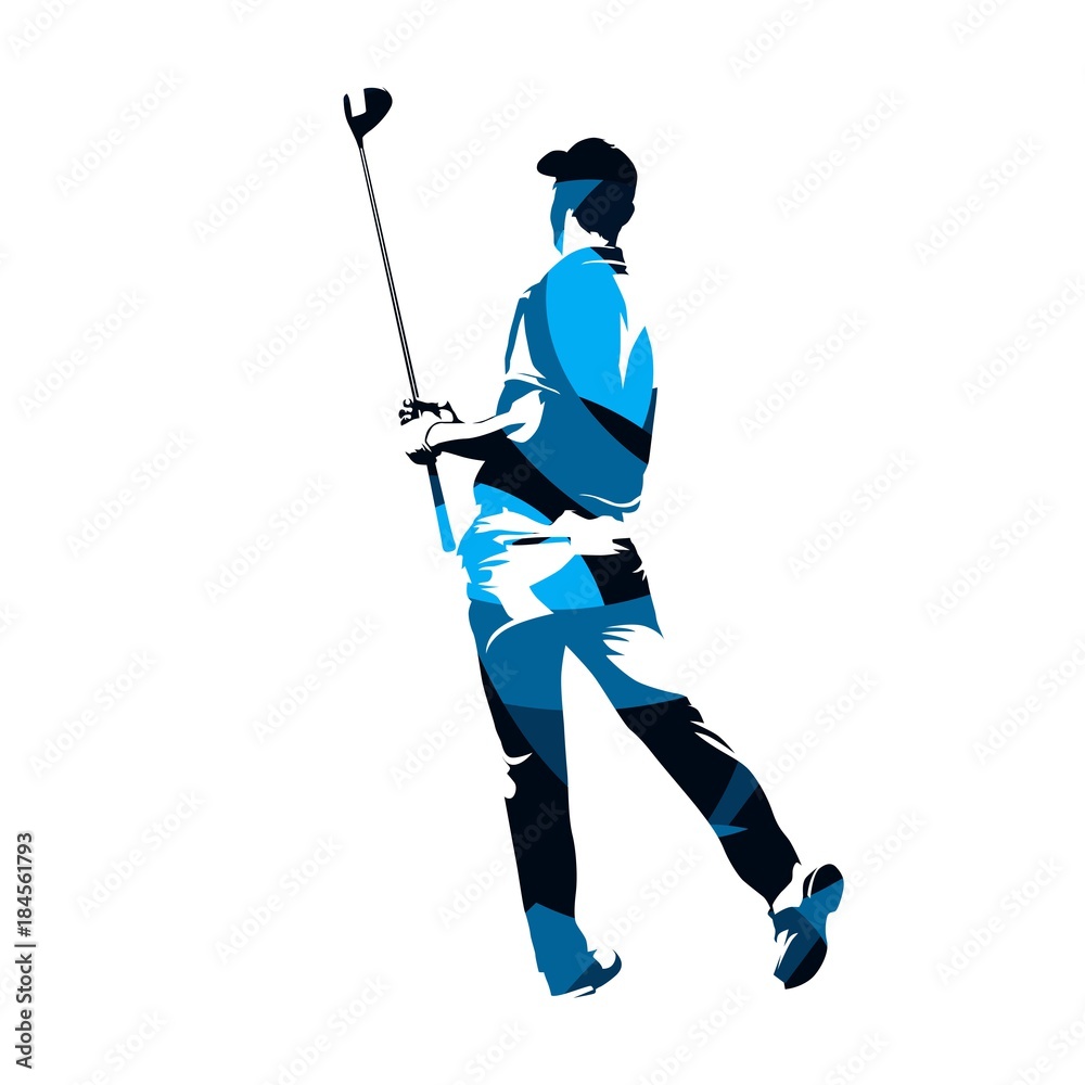 Obraz premium Golf player standing and holding driver in his hands. Abstract blue vector silhouette