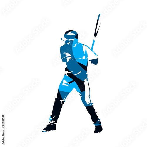 Baseball batter standing with bat in his hands, abstract blue vector silhouette