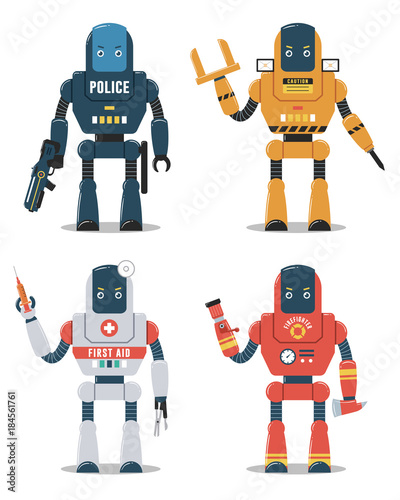 Set of robot characters. Police robot, construction robot, medical robot, firefighter robot