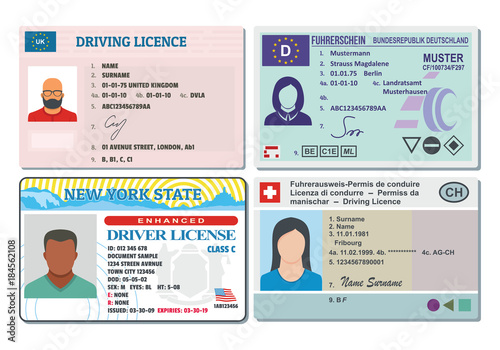 Car driver license with photo vehicle identity banner horizontal concept set. Flat illustration of 4 Car driver license with photo vehicle identity vector banner horizontal concepts for web