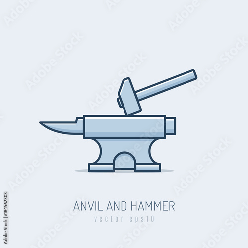 Forge anvil with hammer vector illustration in monoline style