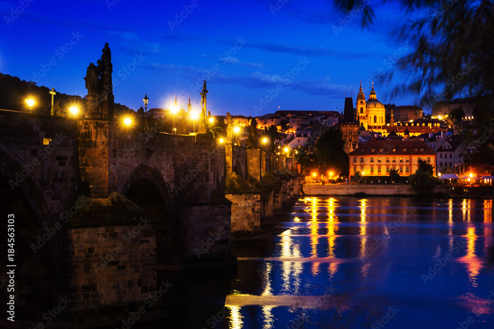 Old Town ancient architecture and river pier in Prague, Czech Republic