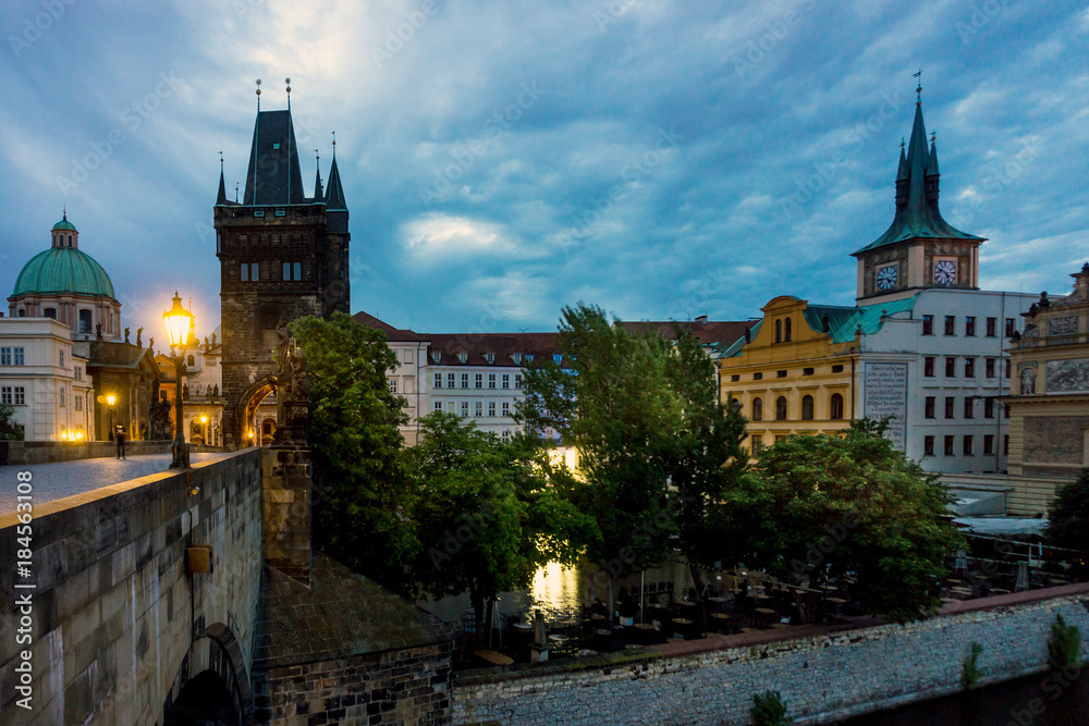 Obraz premium Old Town ancient architecture and river pier in Prague, Czech Republic
