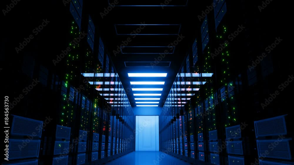 Power Failure in Datacenter. Blackout in Server Room. Electricity Problem in Modern Data Center Storage. 4k UHD 3840x2160.