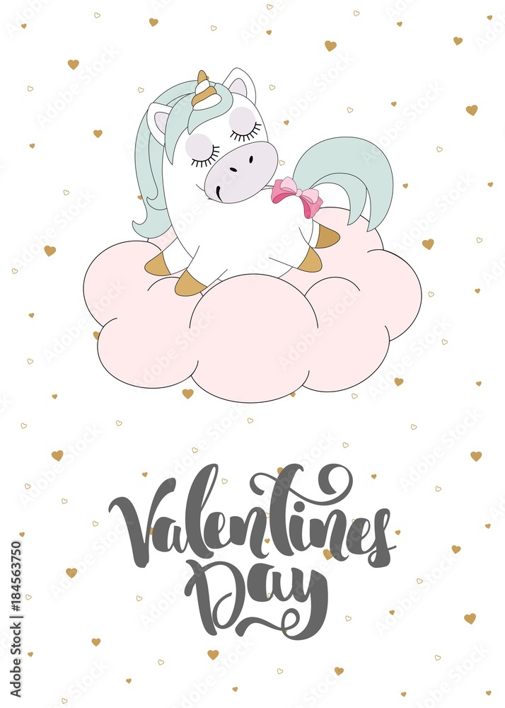 Romantic greeting card Valentines day with a cute unicorn. Elements and text. Vector illustration.
