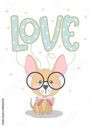 Romantic greeting card Valentines Day with cute dog. Elements and text. Vector illustration. © Tasha