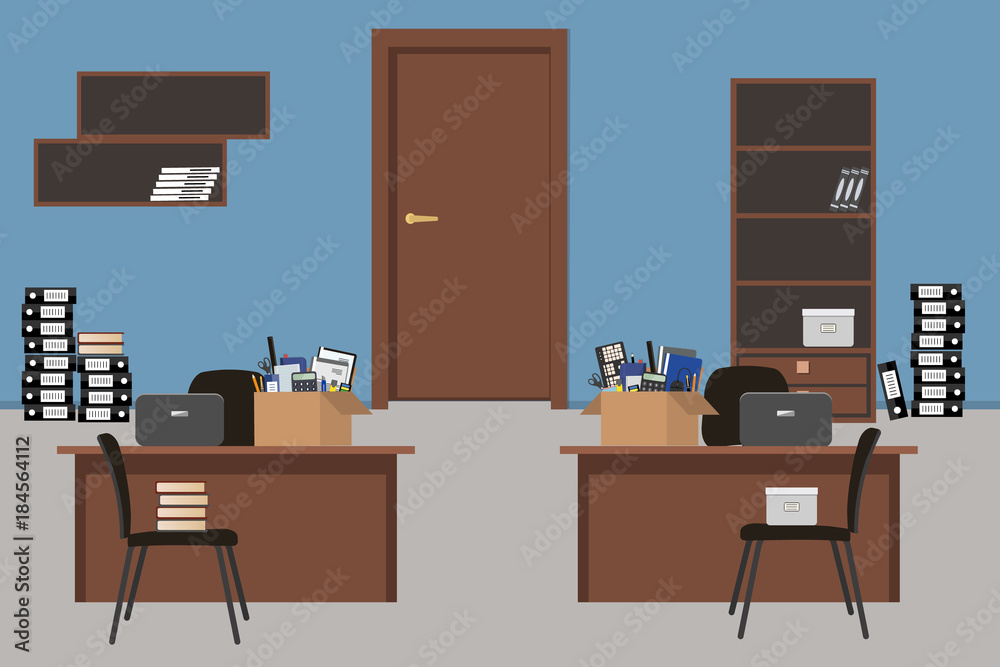 Moving to a new office. Blue office room. There are desks, chairs, a cabinet and shelves in the picture. Also there are cardboard boxes with stationery on the desks, and folders on the floor. Vector