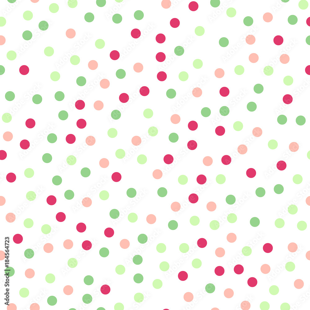 Colorful polka dots seamless pattern on white 20 background. Excellent classic colorful polka dots textile pattern. Seamless scattered confetti fall chaotic decor. Abstract vector illustration.