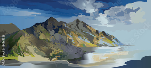 Beautiful landscape mountains and sea painting art vector background