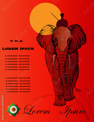The image of an elephant with a rider on a bright background. Can be used in the design of packaging for tea.