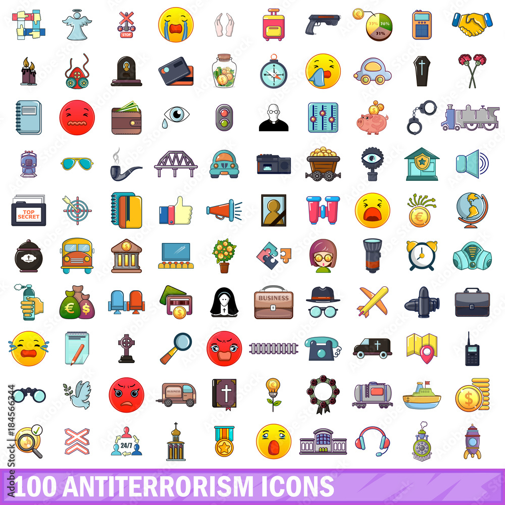 100 antiterrorism icons set, cartoon style 