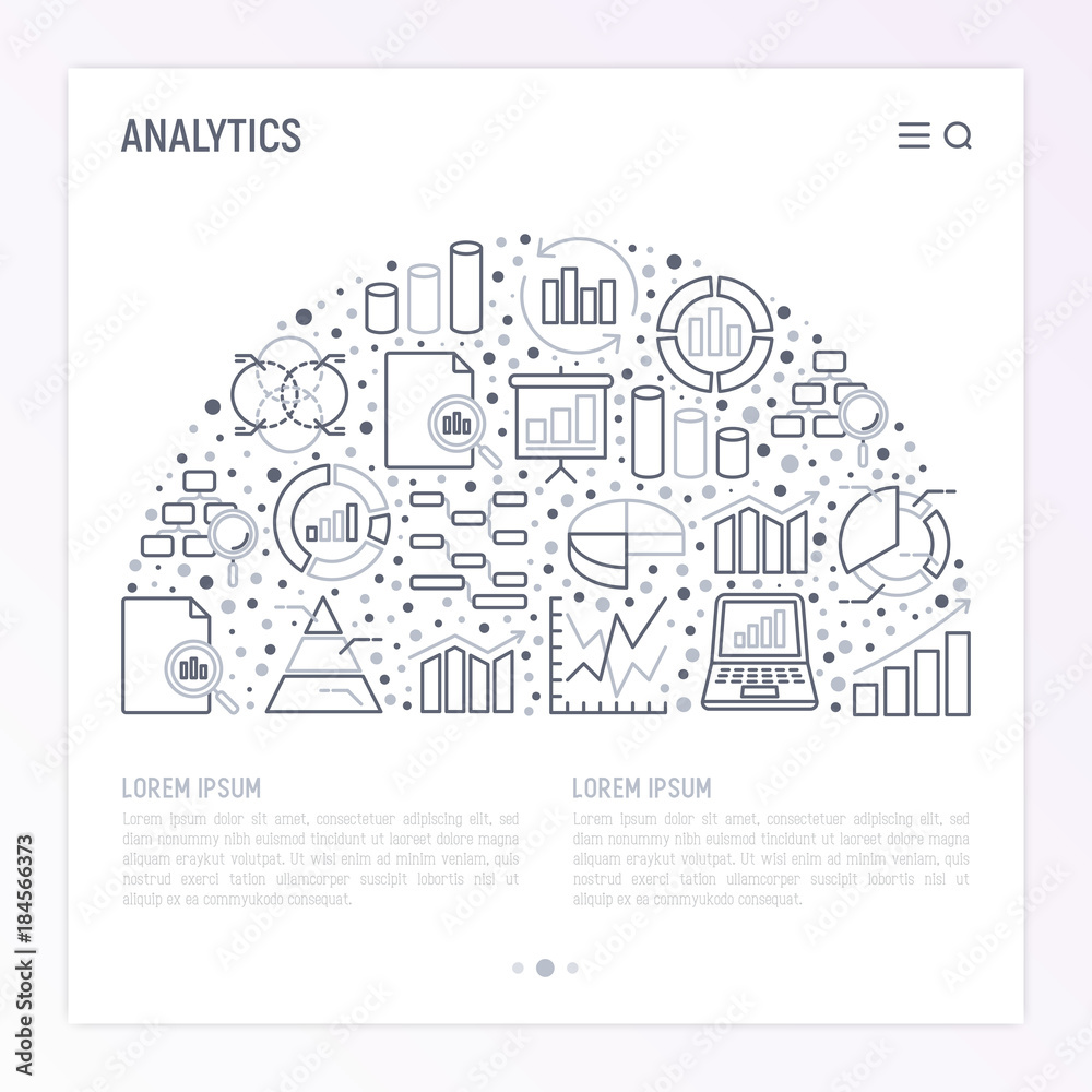 Analytics concept in half circle with thin line icons: diagram, chart, statistics, pyramid, business analysis. Modern vector illustration for banner, web page, print media.