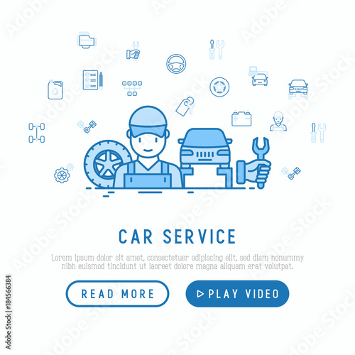 Car service concept with thin line icons of mechanic, computer diagnostics, tools, wheel, battery, transmission, jack. Modern vector illustration, template for web page.