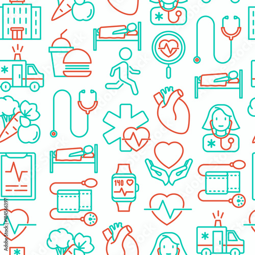 Cardiology seamless pattern with thin line icons: cardiologist, stethoscope, hospital, pulsometer, cardiogram, heartbeat. Modern vector illustration.