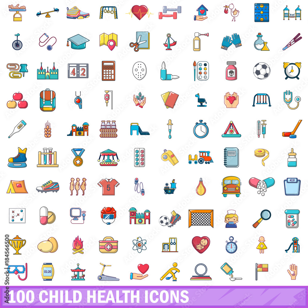 100 child health icons set, cartoon style 