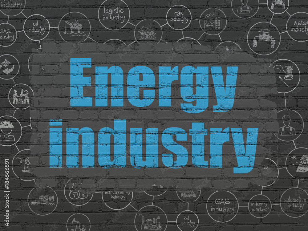 Naklejka premium Manufacuring concept: Painted blue text Energy Industry on Black Brick wall background with Scheme Of Hand Drawn Industry Icons