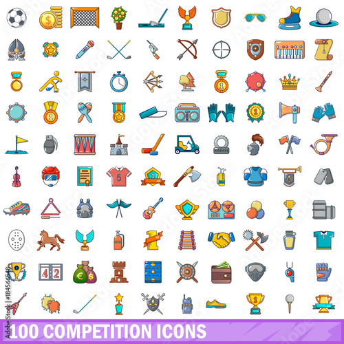 100 competition icons set, cartoon style 