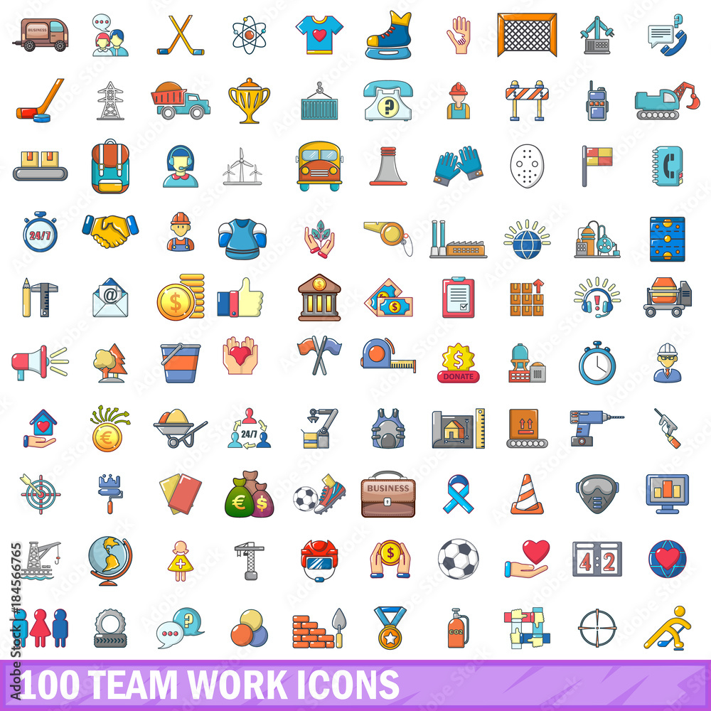 100 team work icons set, cartoon style 