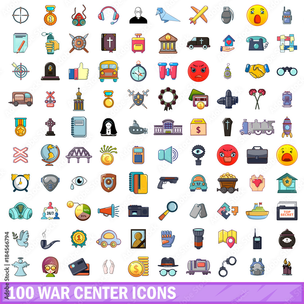 100 war center icons set, cartoon style 100 war center icons set, cartoon style