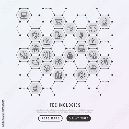 Technologies concept in honeycombs with thin line icons of: electric car, rocket, robotics, solar battery, machine intelligence, web development. Vector illustration for banner, web page, print media.