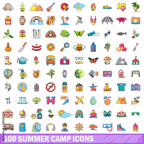 100 summer camp icons set, cartoon style 