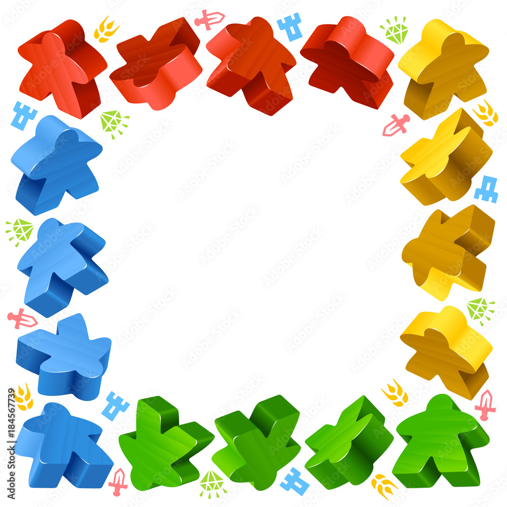 Square frame of multicolored meeples for board games. Red, yellow and green game  pieces, and resources counter icons isolated on white background. Vector  border for design boardgames advertisement Stock Vector | Adobe