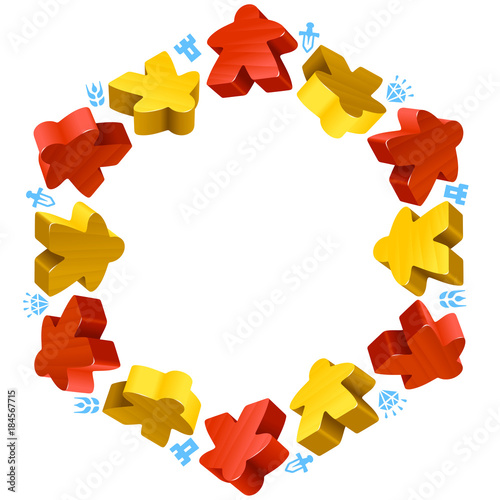 Hex frame of meeples for board games. Red and yellow game pieces, and resources counter icons isolated on white background. Vector border for design boardgames advertisement